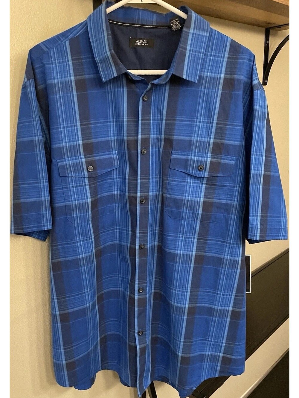 Alfani Men's Size XXL Blue Plaid Casual Button Down Short Sleeve 100% Cotton NWT